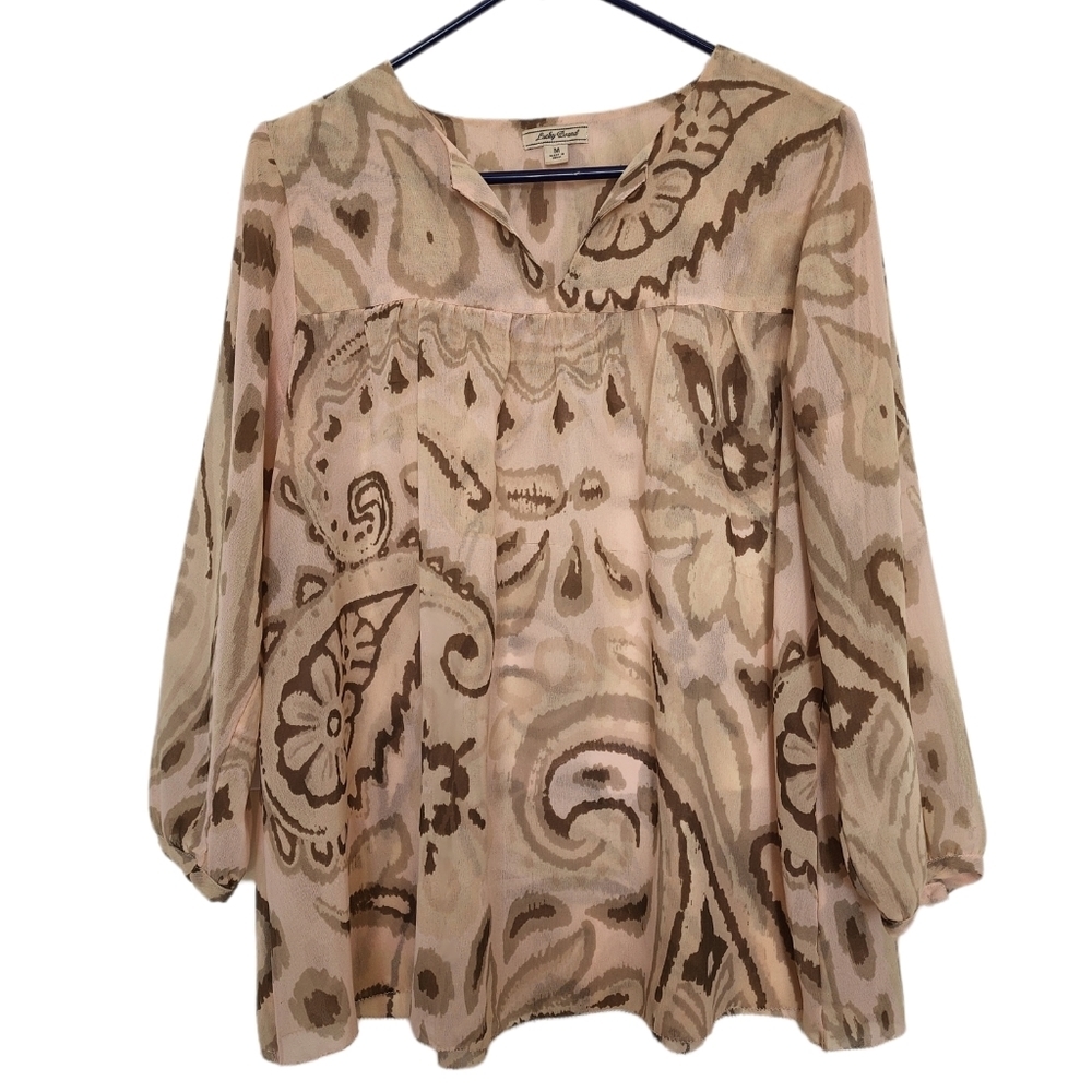 Lucky Brand pink & brown abstract design long sleeve pullover blouse Med